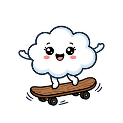 Fototapeta premium Adorable happy cartoon cloud character riding a brown skateboard, whimsical illustration of a cheerful sky cloud on wheels