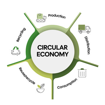 Circular economy diagram infographic banner template with icon vector presentation has production, distribution, consumption, reuse, recycle, recycling sector. Sustainable, economic model. zero waste.