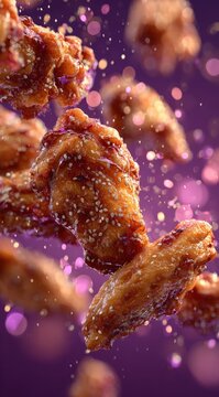 Fried chicken wings coated in a crispy glaze with sesame seeds floating against a vibrant purple background, creating a dynamic and appetizing visual display