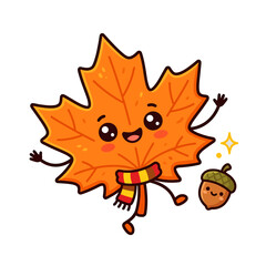 Fototapeta premium Cute Kawaii Autumn Maple Leaf Character Wearing a Warm Scarf with a Little Acorn on White Background for Fall Season Concept