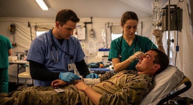 Medical professionals providing emergency care and administering IV drip to injured soldier in tent clinic, urgent medical treatment