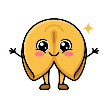 Cute smiling fortune cookie character with arms and legs, shining with joy, isolated on a white background, representing good luck and positive energy in a fun cartoon style illustration