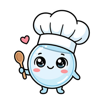 Cute Kawaii Blue Blob Chef Character Wearing a White Chef Hat and Holding a Wooden Spoon Cartoon Illustration