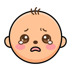 Cute cartoon baby face crying with tears in eyes vector illustration isolated on white background