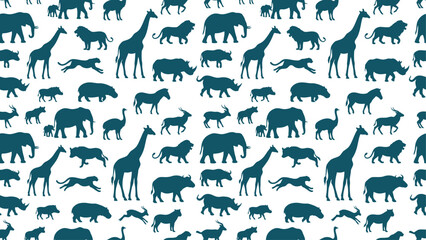 Seamless pattern of African safari animal silhouettes in teal on a white background. Flat vector illustration EPS 10. © Chasan Art