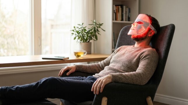 LED Light Therapy Relaxation: A man relaxes in a comfortable armchair while wearing a red LED light therapy mask, enjoying a moment of peace and rejuvenation in a sunlit room.