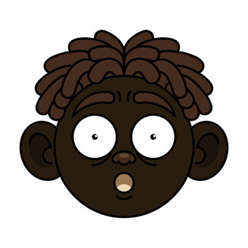 Shocked cartoon boy character with dreadlocks hair and wide surprised eyes vector illustration on white background