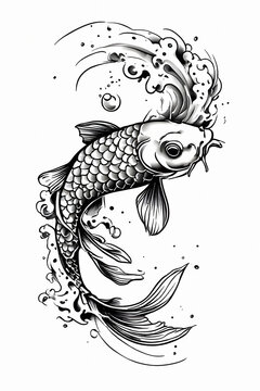 Traditional Japanese koi fish swimming upstream through water waves tattoo line art