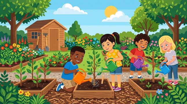 Multiethnic Children Watering Plants and Gardening Together in Community Garden