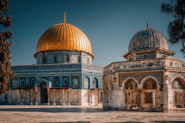 Obraz premium Golden Dome of the Rock and Al-Aqsa Mosque in Jerusalem, showcasing intricate architectural details and vibrant colors against a clear blue sky