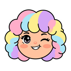 Fototapeta premium Cute anime girl face vector illustration with colorful pastel hair, winking eye expression, and playful smile for design