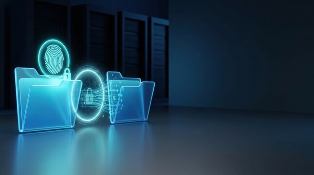 Secure Data Storage: Holographic folders with glowing locks and security icons stand before dark server racks, symbolizing digital protection and data security.