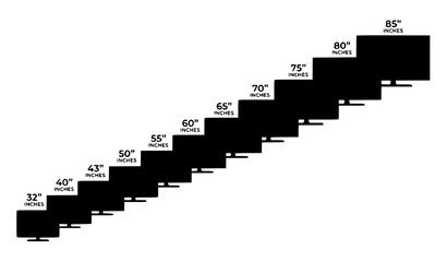 Fototapeta premium Television Diagonal Screen Size Comparison Scale Chart with Dimensions for Home Theater Purchase Guides and Living Room Display Layouts