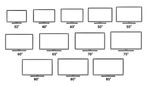 Smart TV Screen Size Comparison Blueprint Chart Vector with Dimensions for Home Theater and Living Room Display Technical Layouts