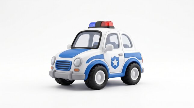 Cute 3D cartoon police toy car with blue and red siren on white background