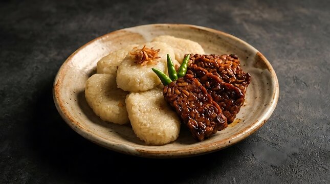 Indonesian grilled rice cake with spicy tempeh.