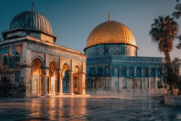Obraz premium Historic Islamic architecture featuring the Dome of the Rock and Al-Aqsa Mosque in Jerusalem, showcasing intricate designs and golden dome under a clear blue sky