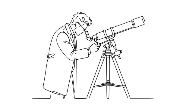 Continuous One Line Scientist Using Telescope Minimal Astronomy Vector Illustration