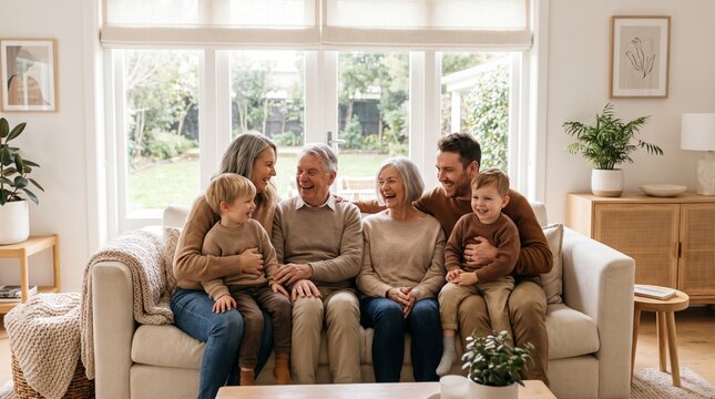 Smiling Family Portrait Relaxing Together in Warm Living Room Atmosphere