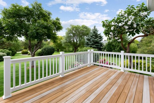 Wooden deck with white railing overlooking backyard garden