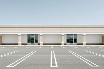 Fototapeta premium Empty Retail Storefronts with Parking Lot Under Clear Blue Sky