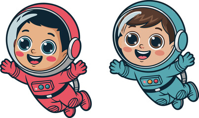 Playful cartoon astronauts in colorful red and blue spacesuits floating happily in outer space with cheerful expressions © Sandra Weiss