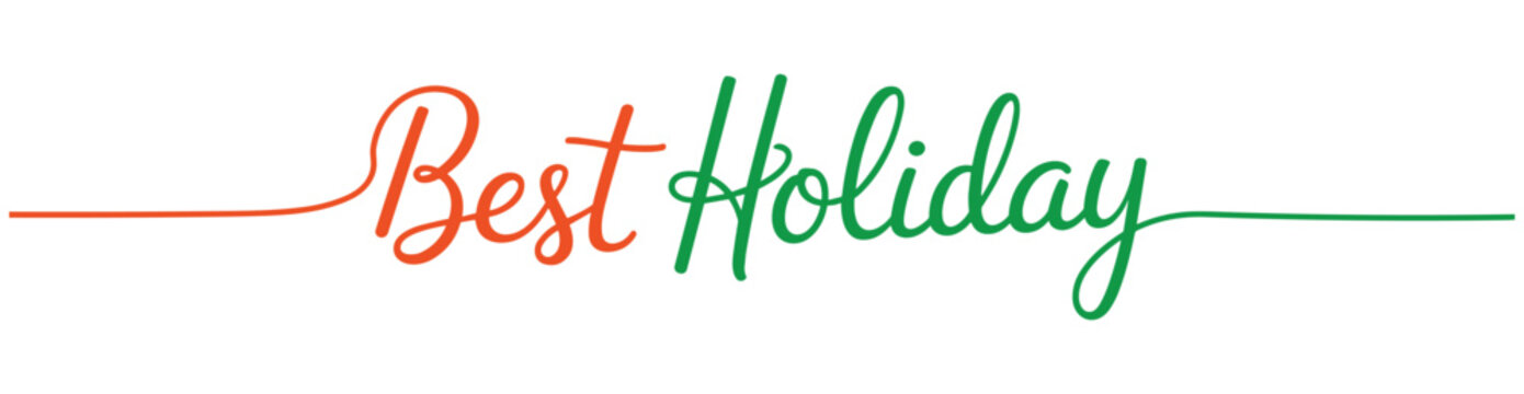 Continuous line script text saying holiday in orange and green colors on white background.