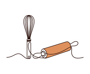 Obraz premium Kitchen whisk and rolling pin in a continuous line style on a plain white background.