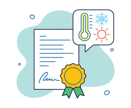 Document with a gold seal and a speech bubble containing a thermometer, snowflake, and sun.