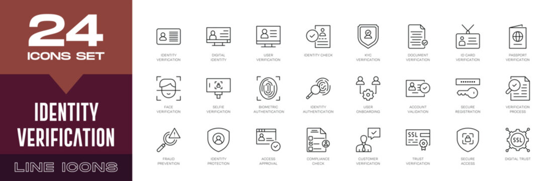 Identity Verification Line Icons Set - Digital Identity, KYC, Editable Stroke Vector Collection