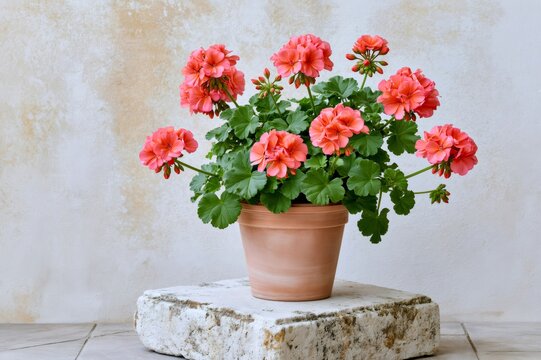 Pink geranium flowering in terracotta pot on stone pedestal