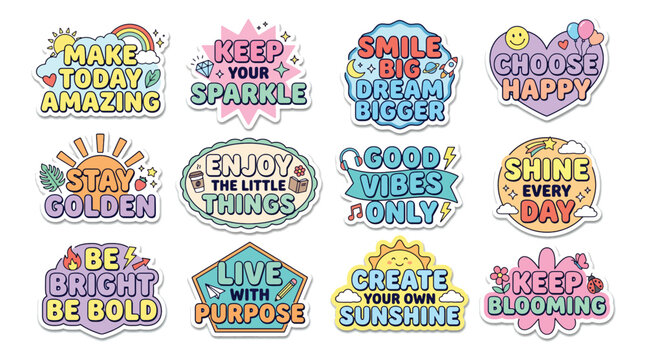 Set of decorative motivational stickers with inspirational quotes