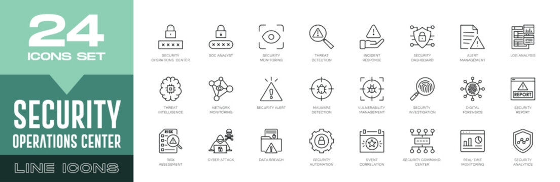 Security Operations Center Line Icons Set - SOC Cybersecurity Monitoring, Editable Stroke Vector Collection