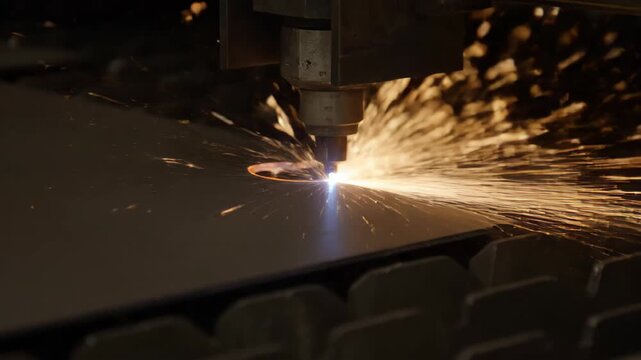 Factory metal processing produces spark images, laser cutting metal fire