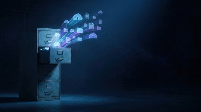 Digital Cloud Data Storage: An old filing cabinet opens up to reveal digital data, represented by glowing cloud icons and information streams.