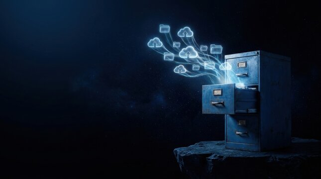Cloud Data Migration: A filing cabinet in a dark, moody setting opens to reveal ethereal cloud icons emerging from it, symbolizing the digital transfer of information.