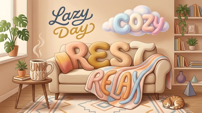 Cozy living room interior with soft text pillows and relaxing atmosphere