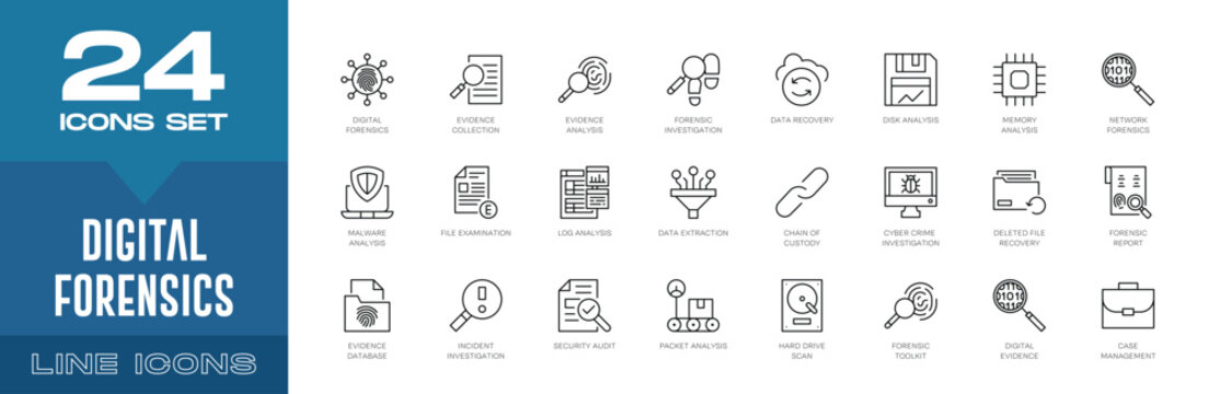 Digital Forensics Line Icons Set - Cyber Investigation, Evidence Analysis, Editable Stroke Vector Collection