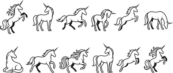 Black and white unicorn silhouette collection, mythical horse poses, fantasy creature line art, elegant mane designs, magical animal illustration set © Artist RH