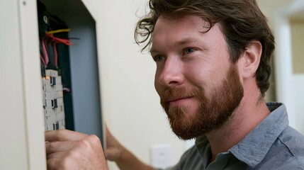 Fototapeta premium A man with a beard is working on an open electrical panel with wires and circuit breakers visible