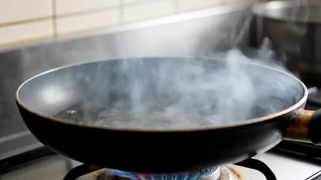 A pan heated on a kitchen gas stove, smoking hot pan ready to fry
