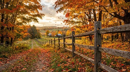 Obraz premium Rustic wooden fence winds along a scenic dirt path through a vibrant autumn landscape with colorful trees and a distant farmhouse under a dramatic sky.