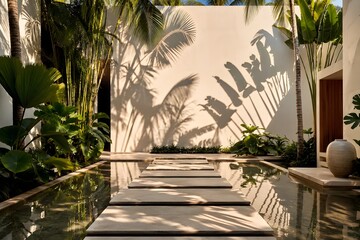 Fototapeta premium Luxury stepping stone path over tropical pool with palm leaf shadows