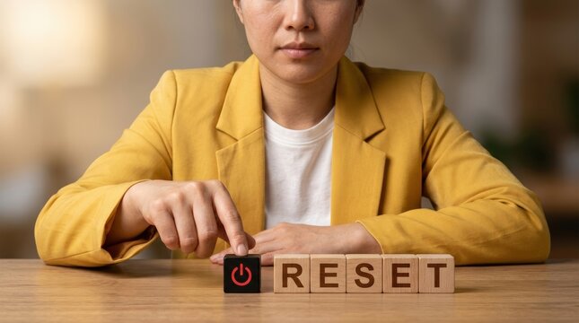 Woman pressing reset button on wooden blocks symbolizing new beginnings.