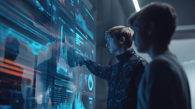 of a mentor in team attire presenting tactical insights on a transparent digital screen displaying graphs and performance metrics, a young student concentrating deeply, minimal futuristic interior