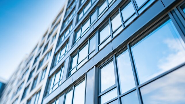 Modern Office Building Facade with Reflective Glass Windows Under a Bright Blue Sky