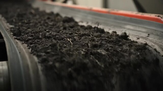 Conveyor belt conveying soil material, conveyor belt conveying soil close up