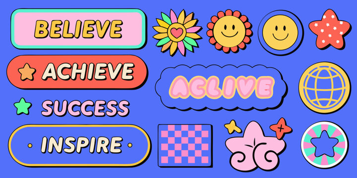 Retro style stickers with positive affirmations and playful designs