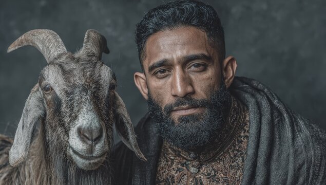 Man with dark beard wearing traditional attire poses closely with a goat against a textured background, showcasing a cultural connection between humans and animals