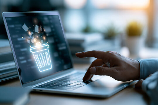 Hand hovers above laptop screen. Screen displays glowing trash bin icon. Bin emits digital debris, symbolizing data deletion. User engages with technology, implying digital cleanup